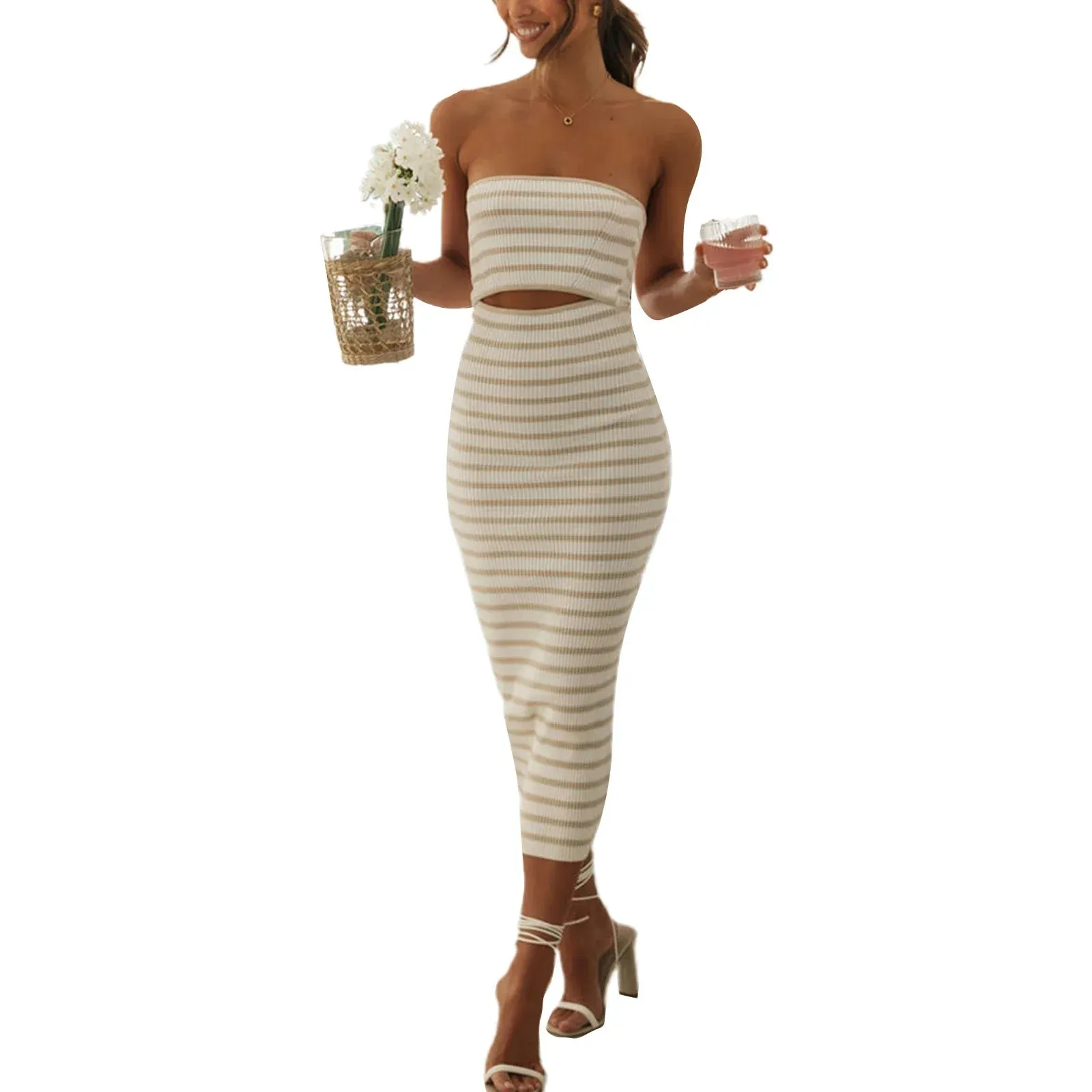 Y2k Rib Knit Tube Strapless Bodycon Long Beach Club Bandeau Streetwear Cut Out Dress