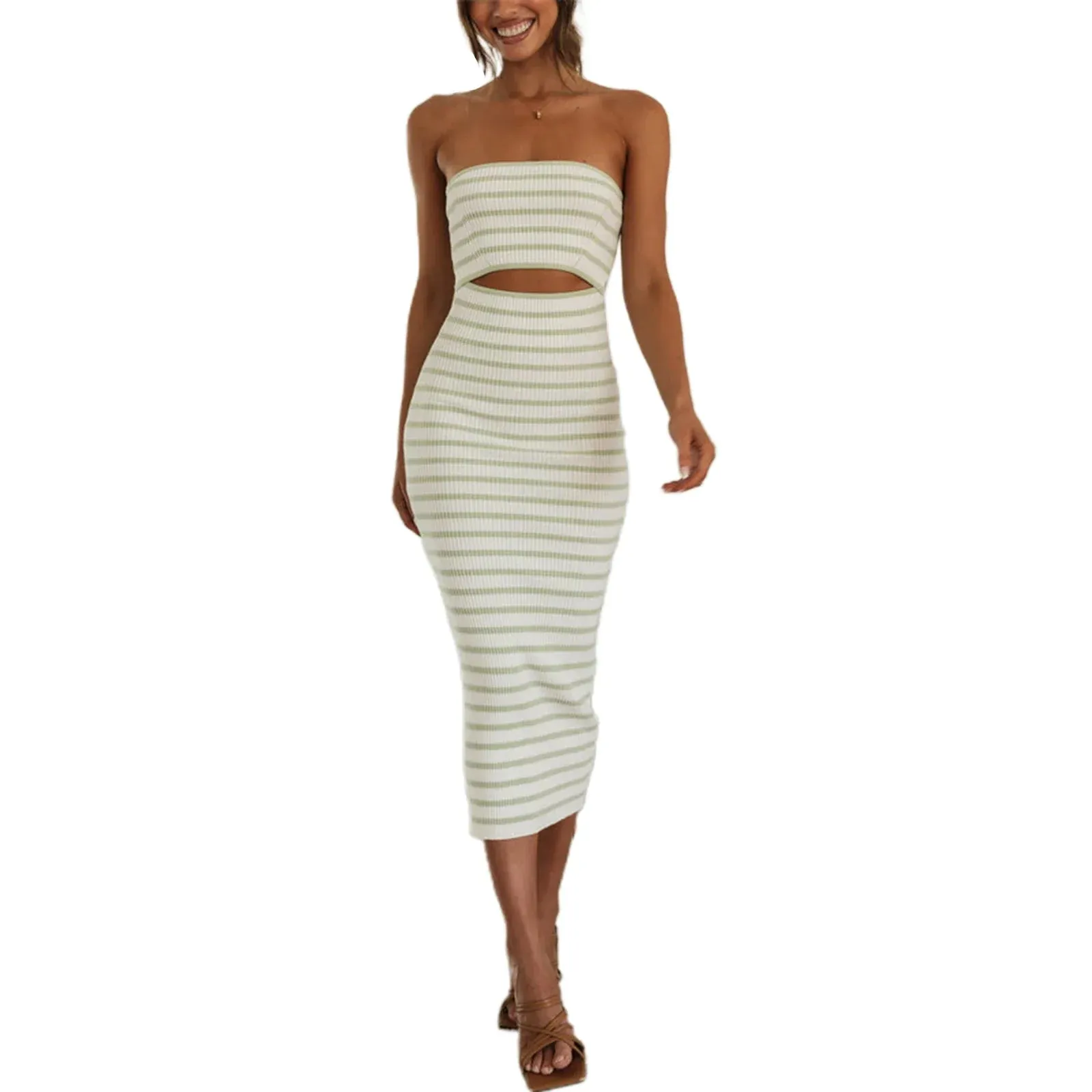 Y2k Rib Knit Tube Strapless Bodycon Long Beach Club Bandeau Streetwear Cut Out Dress