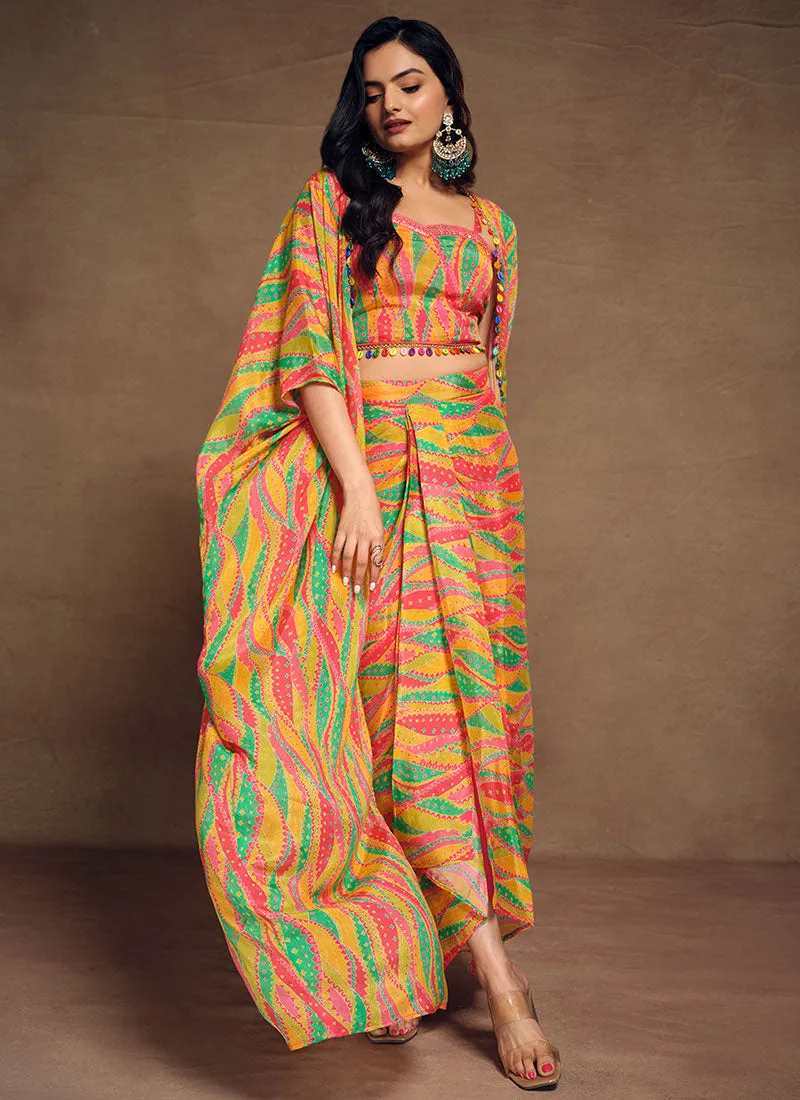 Yellow Multicolored Cape Style Co-Ord Skirt Set