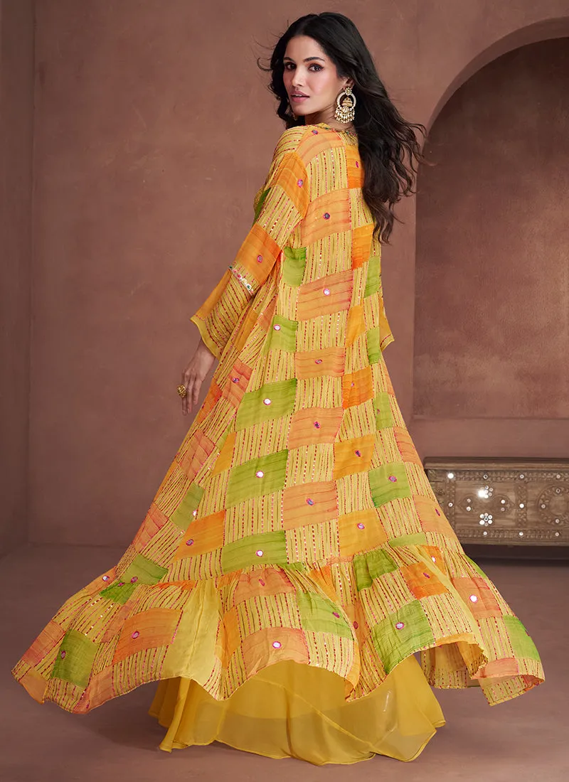 Yellow Sequence Embroidery Jacket Style Palazzo Suit