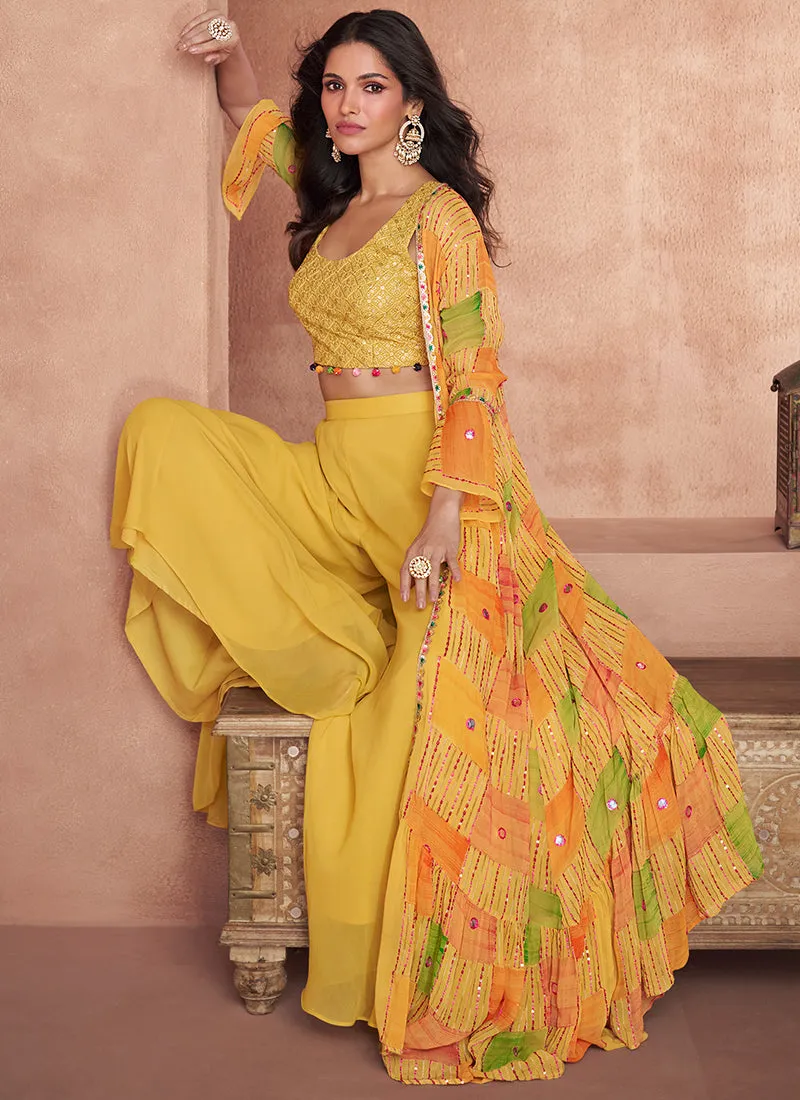 Yellow Sequence Embroidery Jacket Style Palazzo Suit